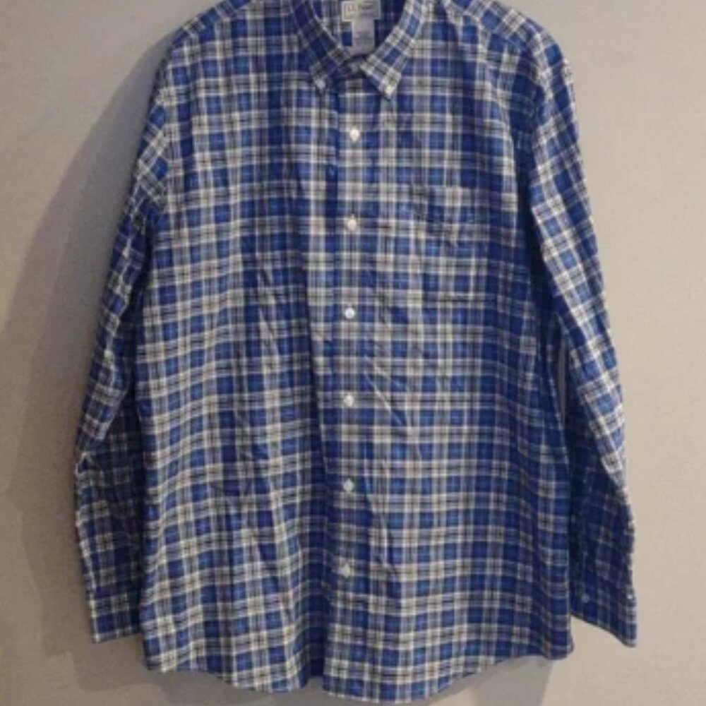 LL Bean means Xlarge slightly fitted blue black white plaid button down shirt
